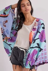 Anthropologie Floral Cocoon Kimono- lilac/turquoise